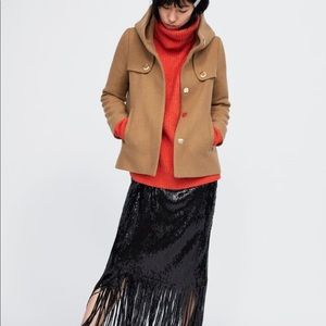 Zara Short Coat with Large Funnel Collar in Camel